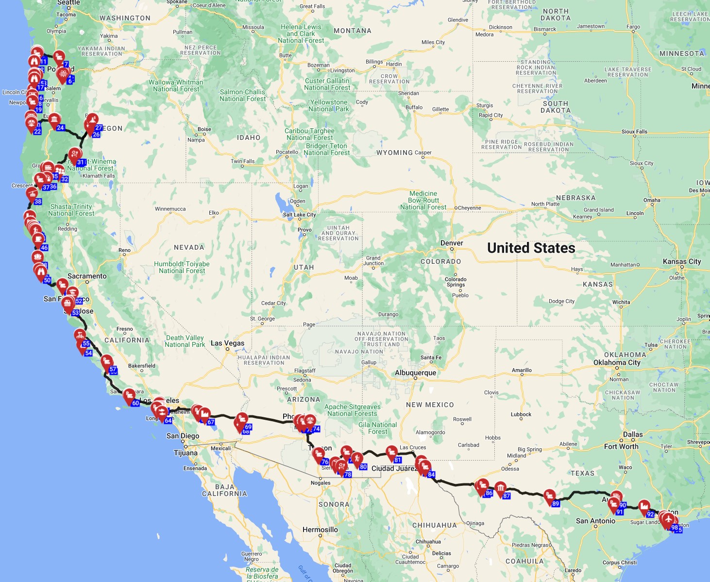 Portland to Houston RV route planner including campsites in the USA